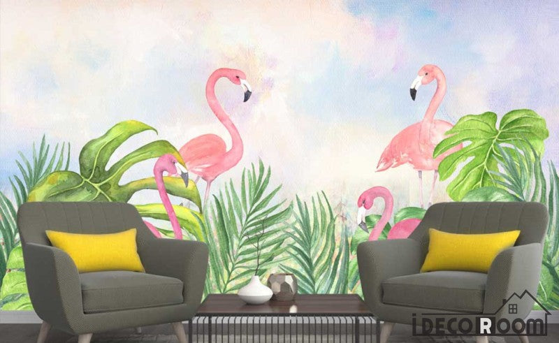 Nordic plant green leaf flamingo  wallpaper wall murals IDCWP-HL-000544
