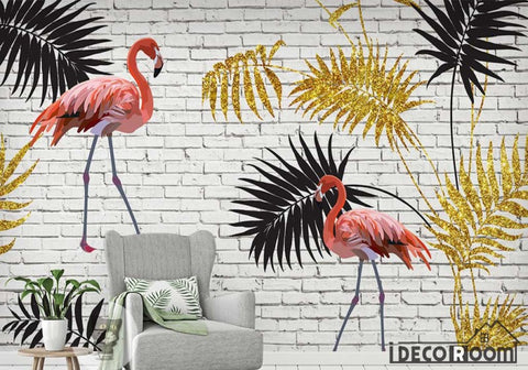 Image of Gold leaf flamingo modern fashion wallpaper wall murals IDCWP-HL-000545