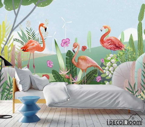 Image of Simple  flamingo plant feathers Nordic wallpaper wall murals IDCWP-HL-000551