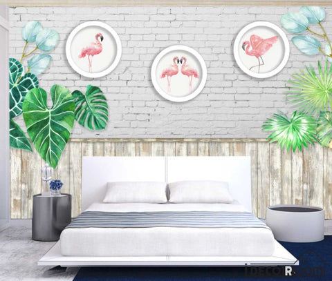Image of European  flamingo wood planks green leave wallpaper wall murals IDCWP-HL-000566