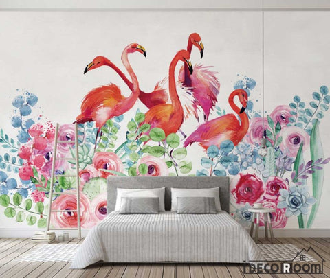 Image of Nordic watercolor  floral flamingo wallpaper wall murals IDCWP-HL-000571