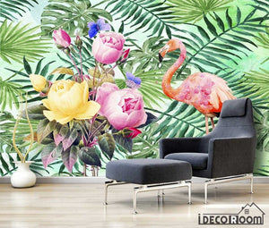 Nordic watercolor green leaf flower flamingo wallpaper wall murals IDCWP-HL-000582