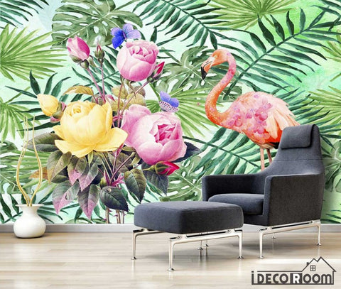 Image of Nordic watercolor green leaf flower flamingo wallpaper wall murals IDCWP-HL-000582