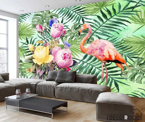 Image of Nordic watercolor green leaf flower flamingo wallpaper wall murals IDCWP-HL-000582