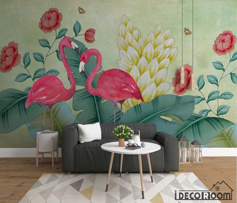 Image of Nordic watercolor flamingo floral butterfly wallpaper wall murals IDCWP-HL-000584