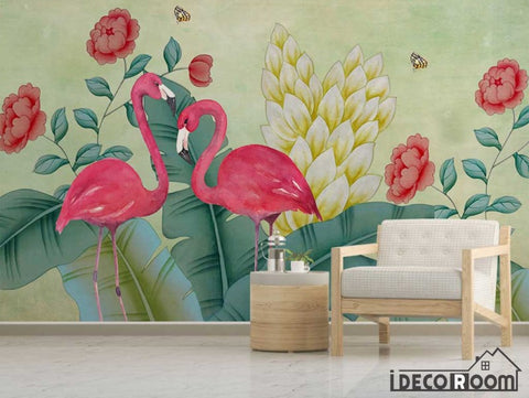 Image of Nordic watercolor flamingo floral butterfly wallpaper wall murals IDCWP-HL-000584