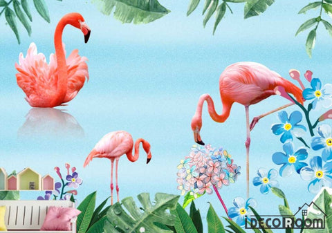 Image of Nordic minimalist tropical leaves flamingo wallpaper wall murals IDCWP-HL-000585
