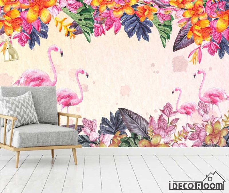 plant tropical rainforest flamingo wallpaper wall murals IDCWP-HL-000590