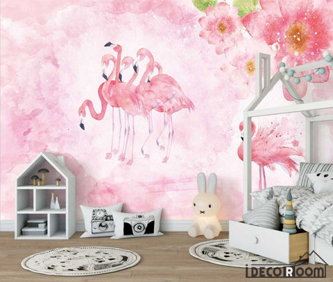 Image of Pink Flowers Scandinavian Simple Flamingo wallpaper wall murals IDCWP-HL-000596
