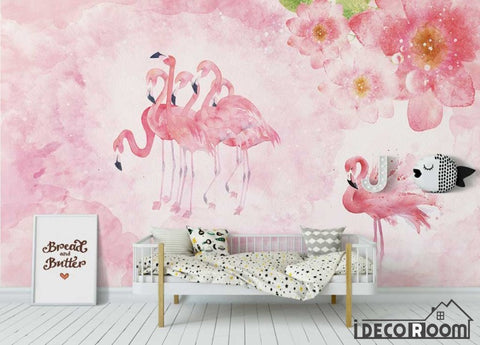 Image of Pink Flowers Scandinavian Simple Flamingo wallpaper wall murals IDCWP-HL-000596