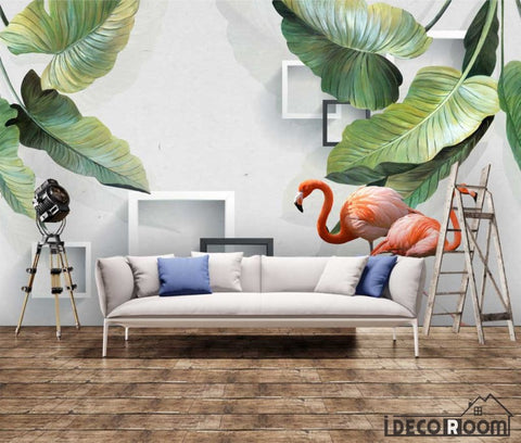 Image of Nordic tropical plant banana leaf flamingo wallpaper wall murals IDCWP-HL-000597