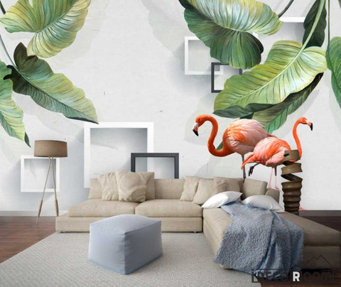 Image of Nordic tropical plant banana leaf flamingo wallpaper wall murals IDCWP-HL-000597