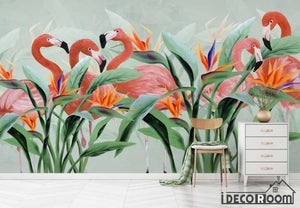 Nordic minimalist tropical leaves flamingo wallpaper wall murals IDCWP-HL-000600