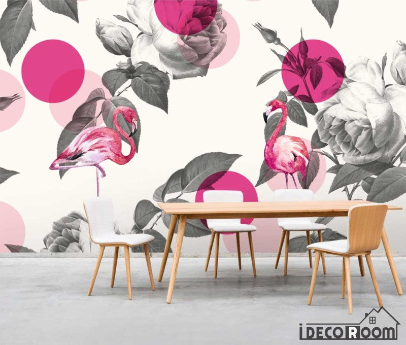 Scandinavian vintage watercolor rose flamingo wallpaper wall murals IDCWP-HL-000608