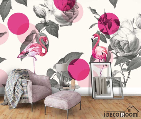 Image of Scandinavian vintage watercolor rose flamingo wallpaper wall murals IDCWP-HL-000608