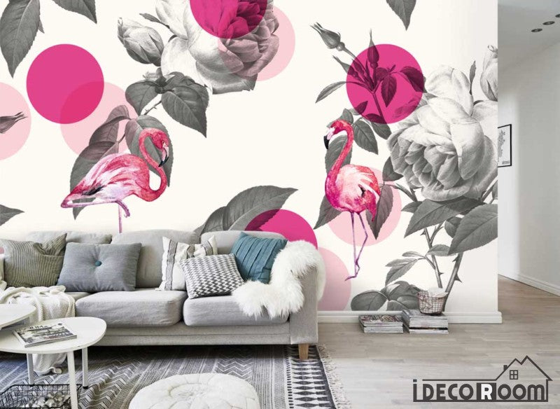 Scandinavian vintage watercolor rose flamingo wallpaper wall murals IDCWP-HL-000608