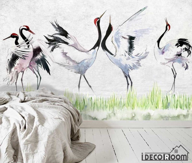 Nordic  red-crowned crane leaves wallpaper wall murals IDCWP-HL-000614