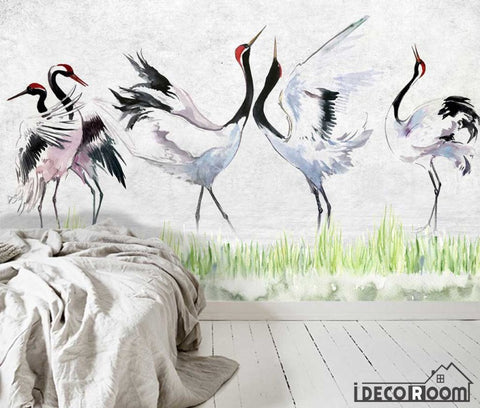 Image of Nordic  red-crowned crane leaves wallpaper wall murals IDCWP-HL-000614
