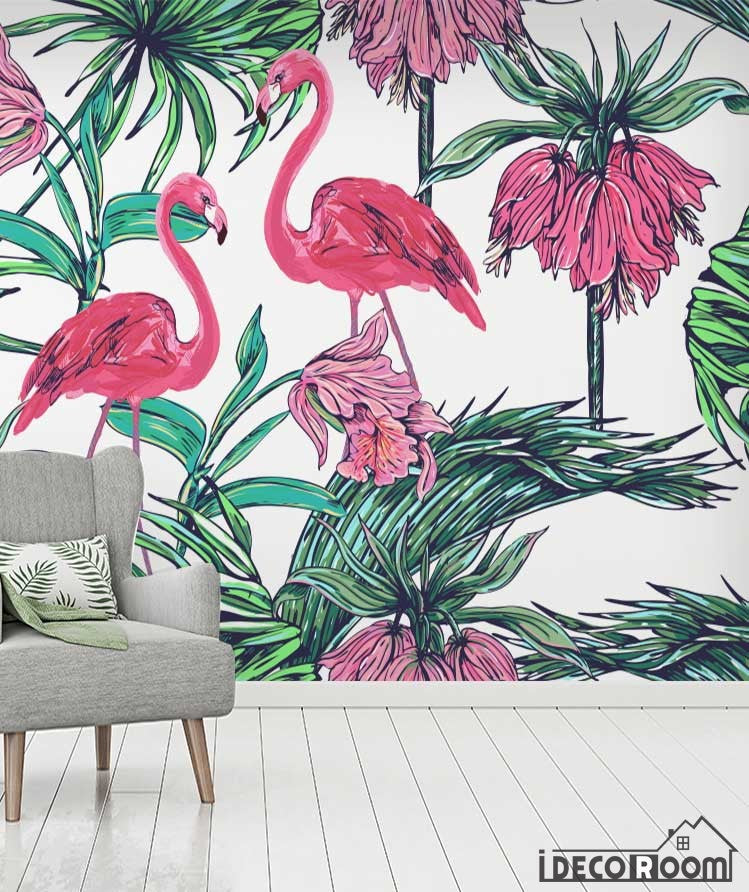 Flamingo leaves tropical rainforest wallpaper wall murals IDCWP-HL-000631
