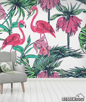 Flamingo leaves tropical rainforest wallpaper wall murals IDCWP-HL-000631