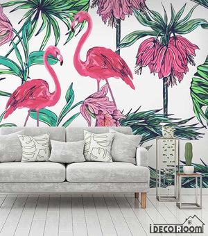 Flamingo leaves tropical rainforest wallpaper wall murals IDCWP-HL-000631