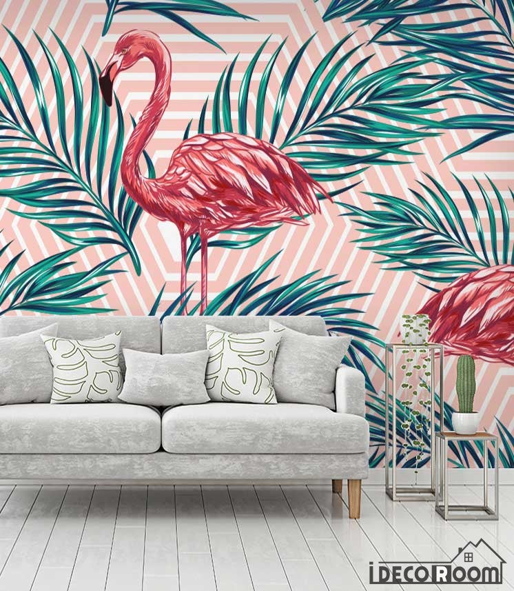 Flamingo leaves tropical rainforest wallpaper wall murals IDCWP-HL-000632