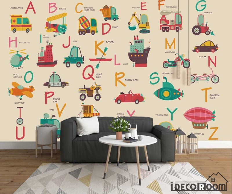 Nordic Cartoon Vehicle 26 Letter Theme wallpaper wall murals IDCWP-HL-000641