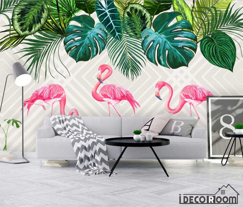 Image of Nordic simple rainforest banana leaf flamingo wallpaper wall murals IDCWP-HL-000642
