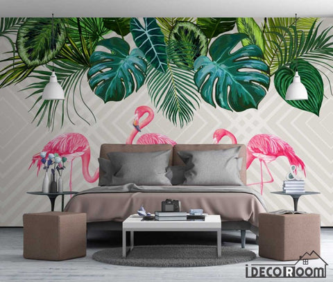Image of Nordic simple rainforest banana leaf flamingo wallpaper wall murals IDCWP-HL-000642