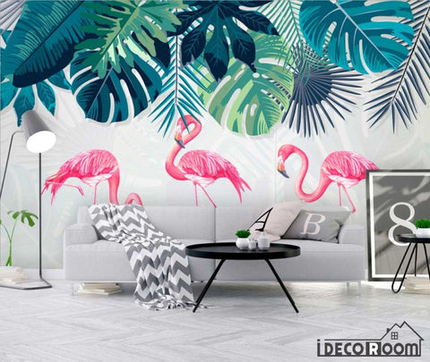 Image of Nordic simple rainforest banana leaf flamingo wallpaper wall murals IDCWP-HL-000643