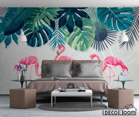 Image of Nordic simple rainforest banana leaf flamingo wallpaper wall murals IDCWP-HL-000643