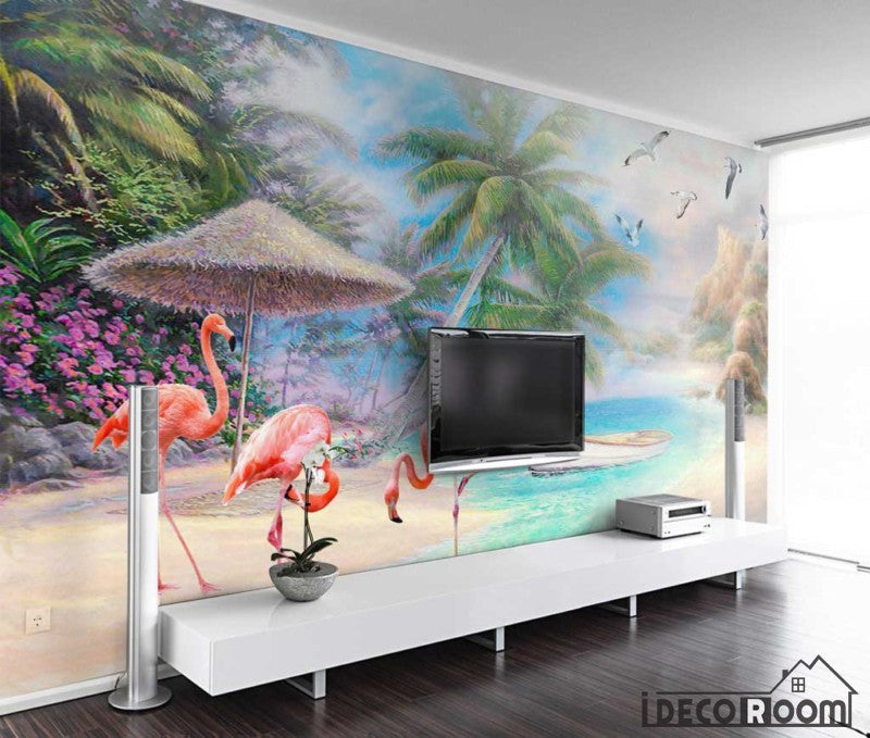 European beautiful scenery sea flamingo painting wallpaper wall murals IDCWP-HL-000646