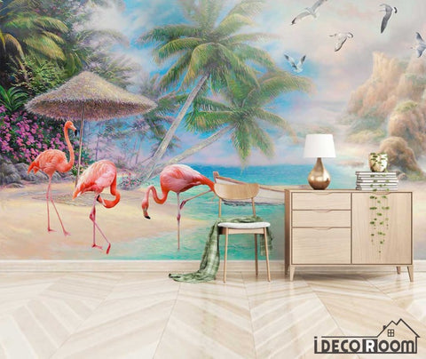 Image of European beautiful scenery sea flamingo painting wallpaper wall murals IDCWP-HL-000646
