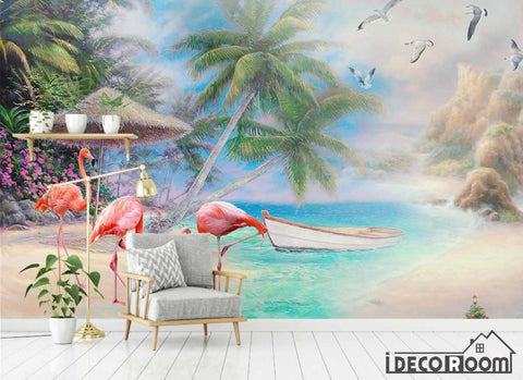 Image of European beautiful scenery sea flamingo painting wallpaper wall murals IDCWP-HL-000646