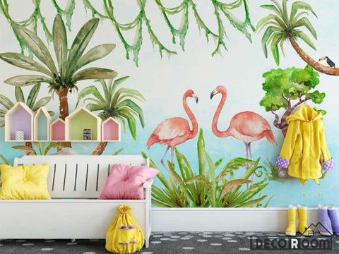 Image of Nordic minimalist cartoon animal flamingo plant wallpaper wall murals IDCWP-HL-000647
