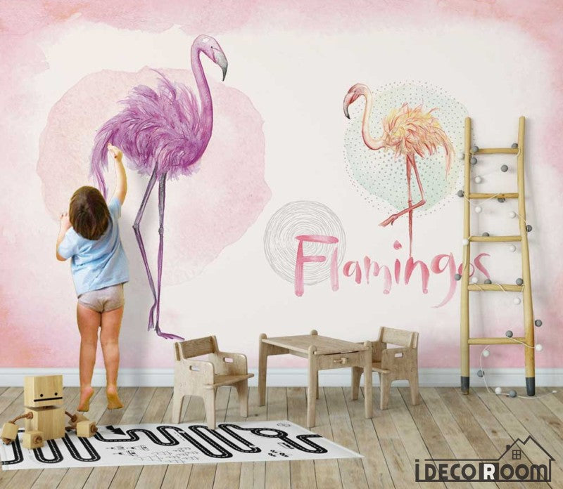 Pink tropical watercolor flamingo flowers birds wallpaper wall murals IDCWP-HL-000648