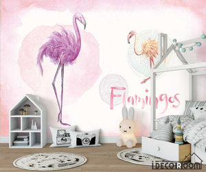 Pink tropical watercolor flamingo flowers birds wallpaper wall murals IDCWP-HL-000648