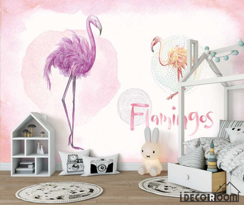 Image of Pink tropical watercolor flamingo flowers birds wallpaper wall murals IDCWP-HL-000648