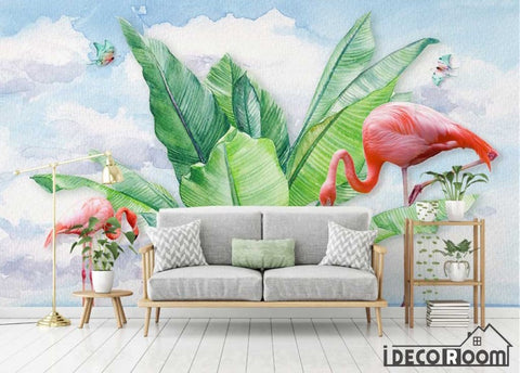 Image of Modern tropical plant flamingo butterfly wallpaper wall murals IDCWP-HL-000659