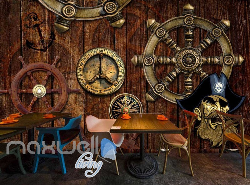 Pirate Ship Wheel Compass Travel Wood Art Wall Murals Wallpaper Decals Prints Decor IDCWP-JB-000030