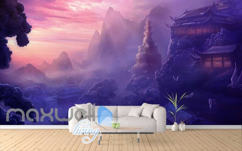 Ancient Chinese House Sunset Mountains Art Wall Murals Wallpaper Decals Prints Decor IDCWP-JB-000160