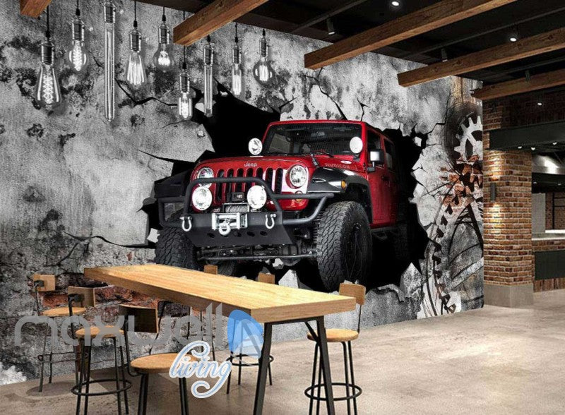 Red Jeep Wall Breakthrough Art Wall Murals Wallpaper Decals Prints Decor IDCWP-JB-000190