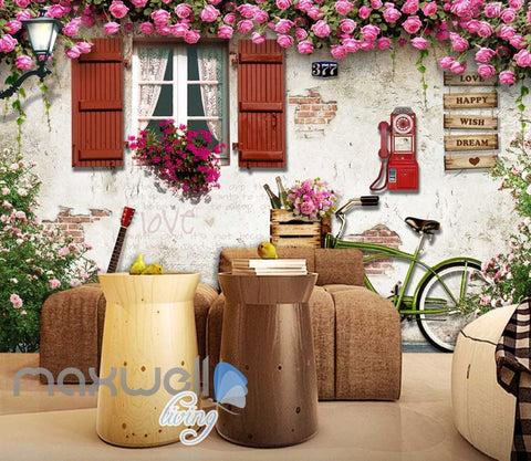 Image of View House Wall With Flowers Bycicle And Guitar Art Wall Murals Wallpaper Decals Prints Decor IDCWP-JB-000214