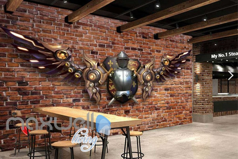 Brick Wall With Medieval Metal Armour With Metal Modern Wings  Art Wall Murals Wallpaper Decals Prints Decor IDCWP-JB-000233