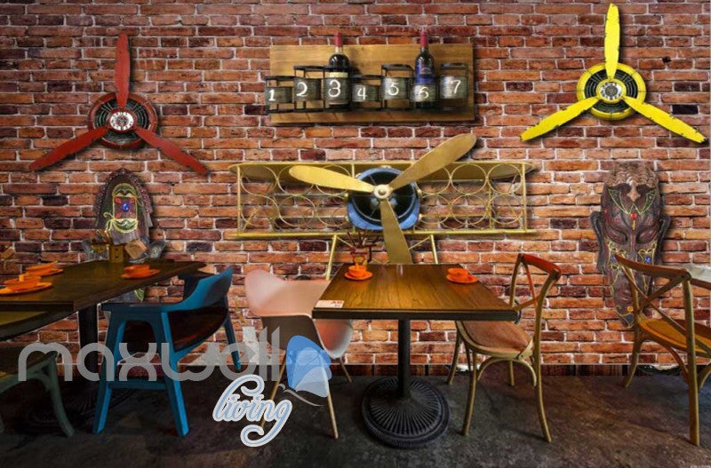 Old Brick Wall With Airplane Helice And African Masks Art Wall Murals Wallpaper Decals Prints Decor IDCWP-JB-000235