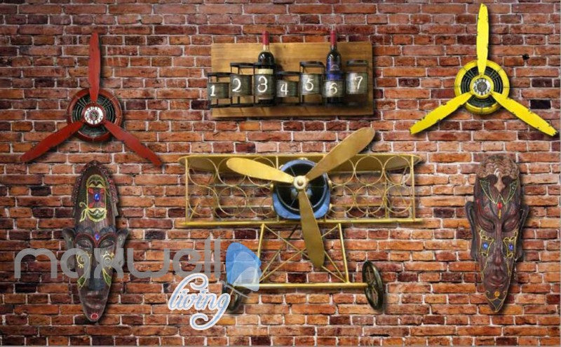 Old Brick Wall With Airplane Helice And African Masks Art Wall Murals Wallpaper Decals Prints Decor IDCWP-JB-000235