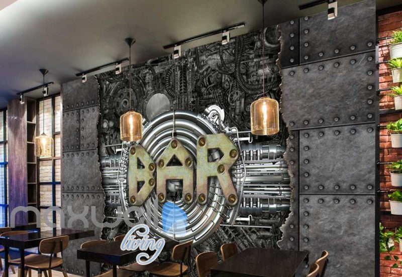 Metal Industrial Wall With Bar Sign Art Wall Murals Wallpaper Decals Prints Decor IDCWP-JB-000236