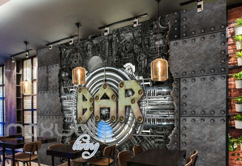Image of Metal Industrial Wall With Bar Sign Art Wall Murals Wallpaper Decals Prints Decor IDCWP-JB-000236