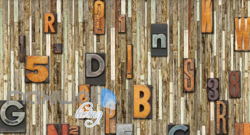 Wooden Wall With Numbers And Letters Type Blocks Art Wall Murals Wallpaper Decals Prints Decor IDCWP-JB-000237
