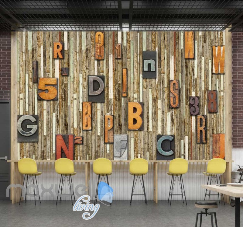 Wooden Wall With Numbers And Letters Type Blocks Art Wall Murals Wallpaper Decals Prints Decor IDCWP-JB-000237